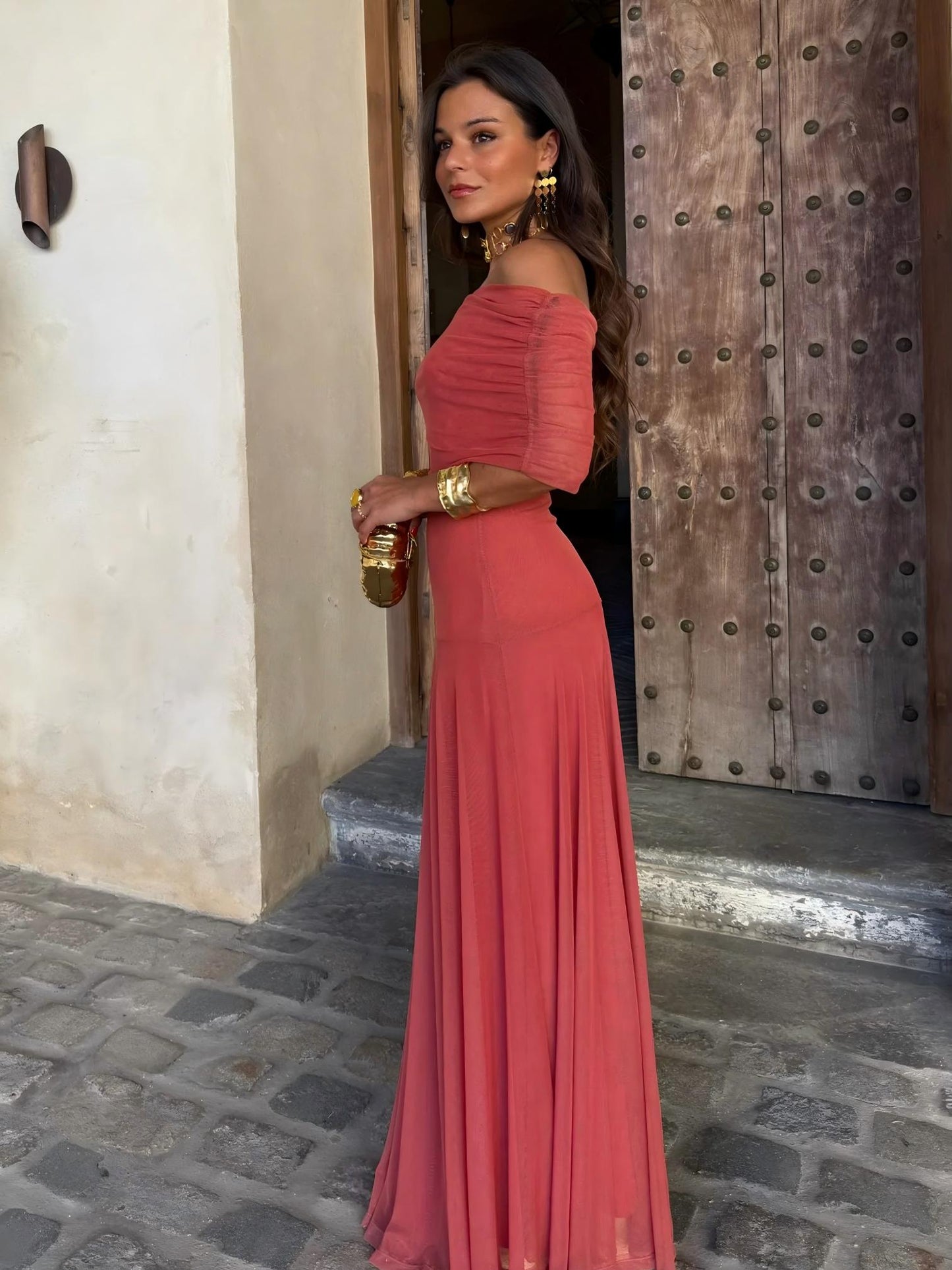 SELENE ONE-SHOULDER MESH MAXI DRESS