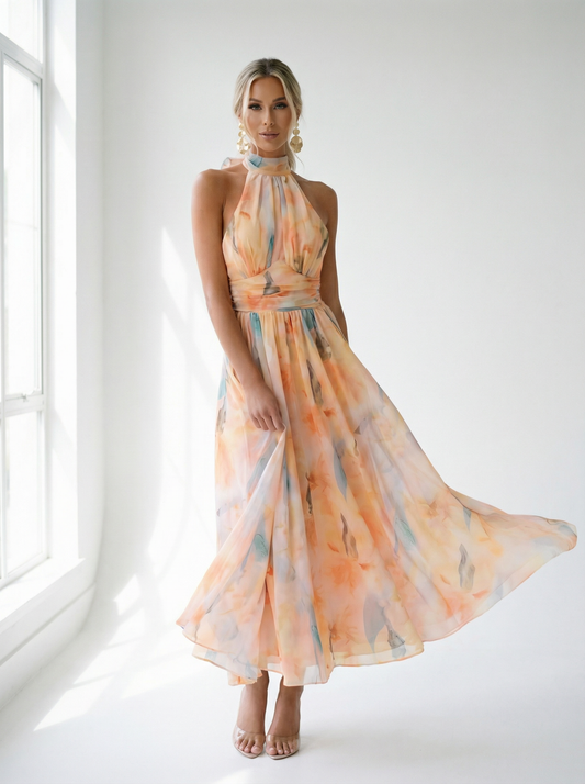 SIENNA WATERCOLOUR HALTER MAXI DRESS