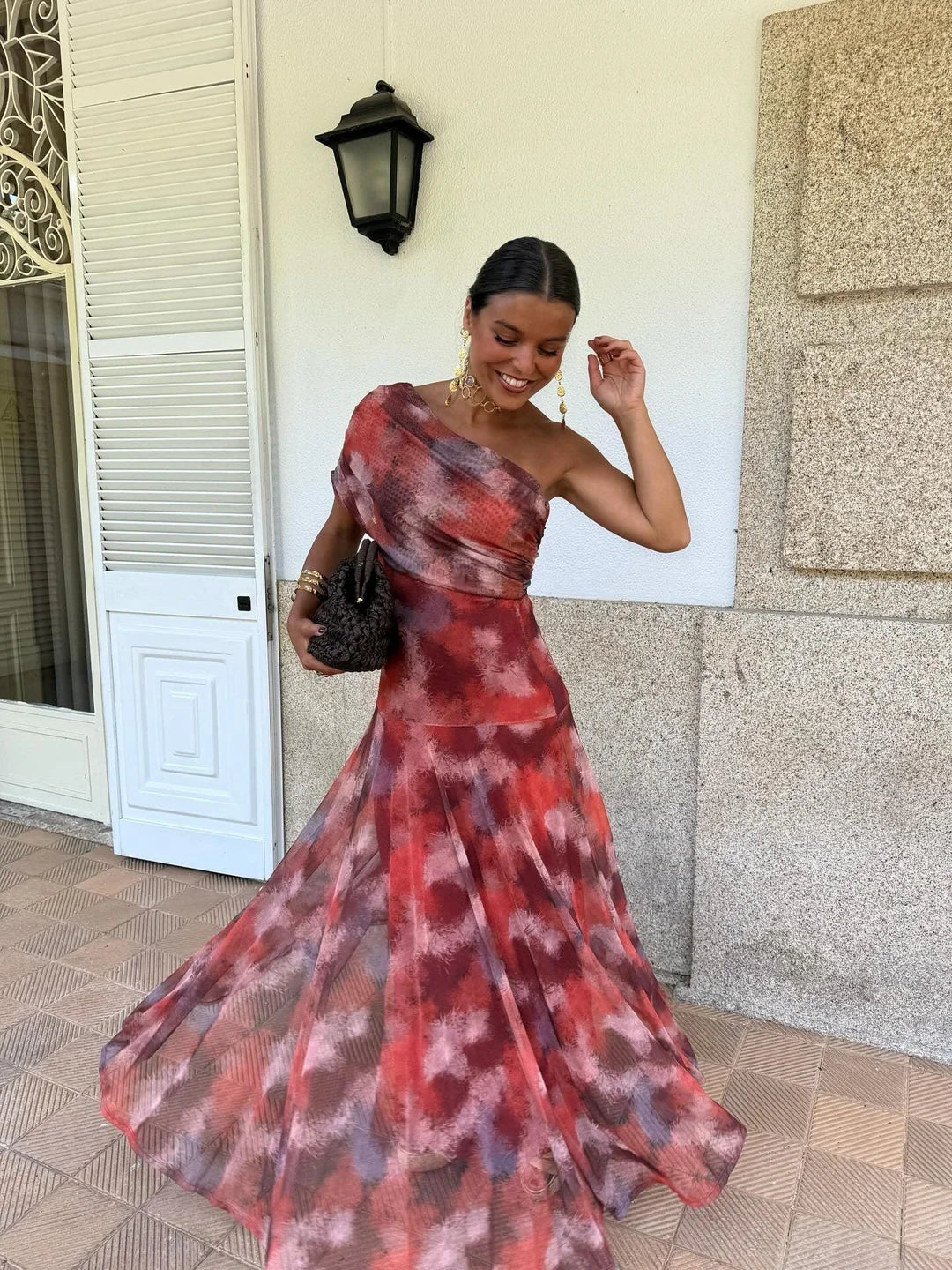SELENE ONE-SHOULDER MESH MAXI DRESS