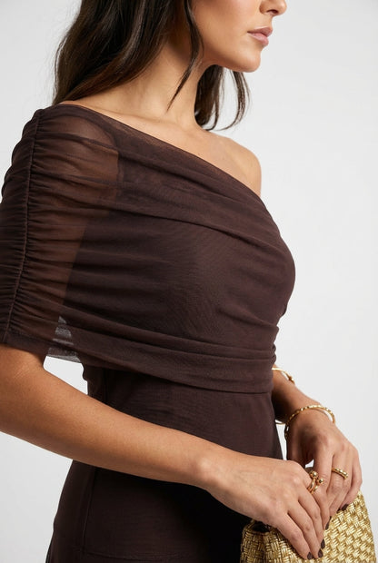 SELENE ONE-SHOULDER MESH MAXI DRESS