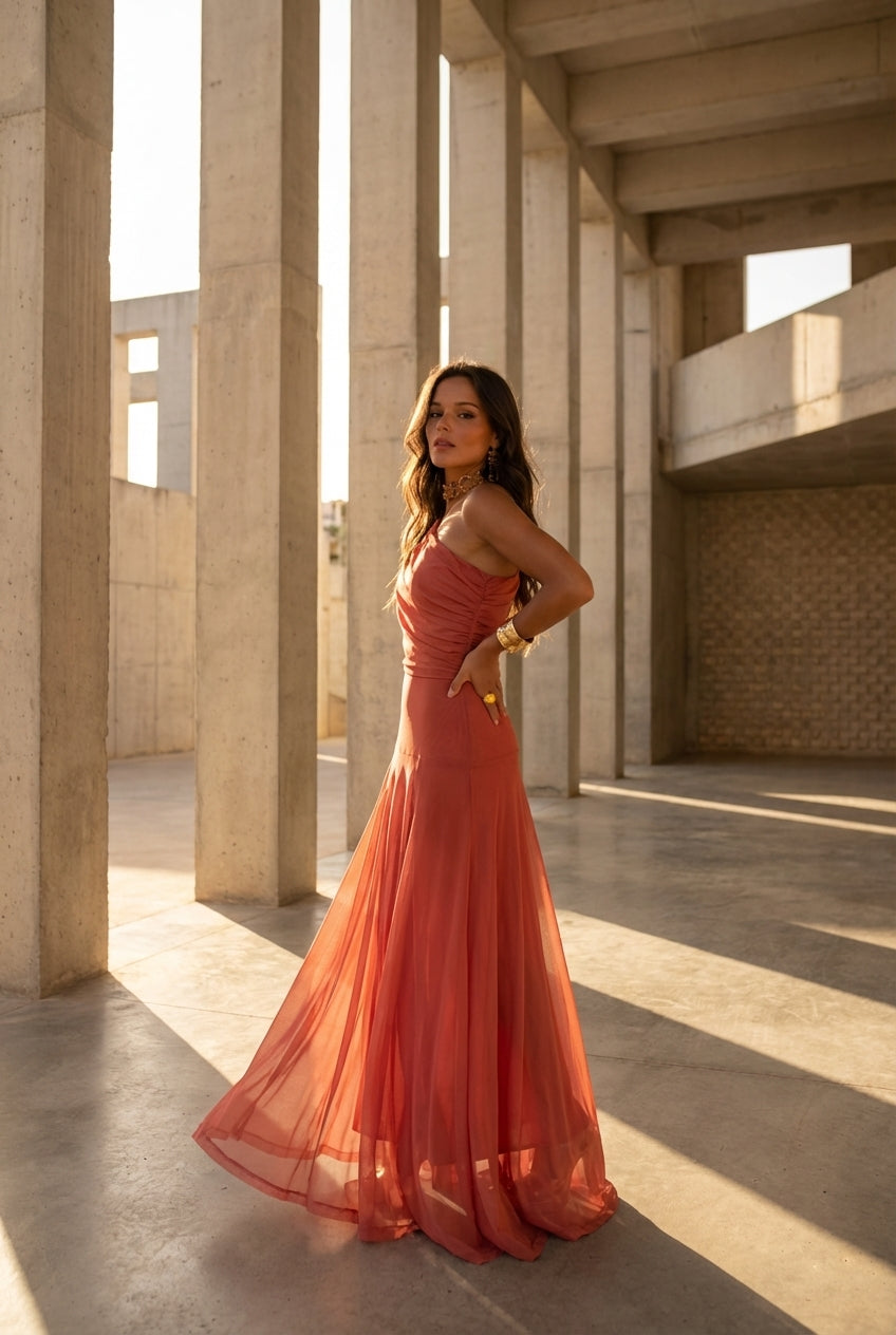SELENE ONE-SHOULDER MESH MAXI DRESS