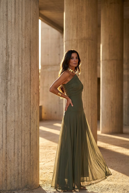 SELENE ONE-SHOULDER MESH MAXI DRESS