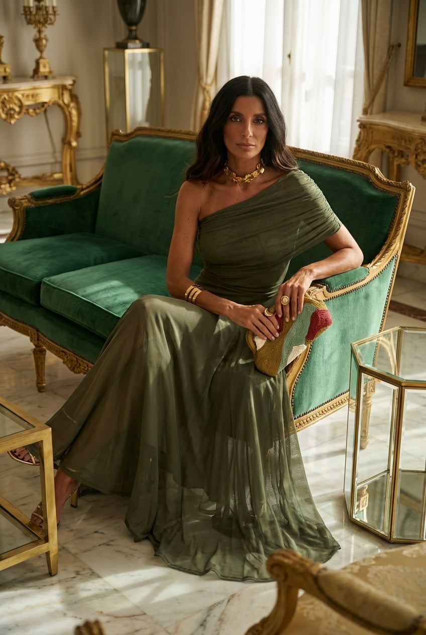 SELENE ONE-SHOULDER MESH MAXI DRESS
