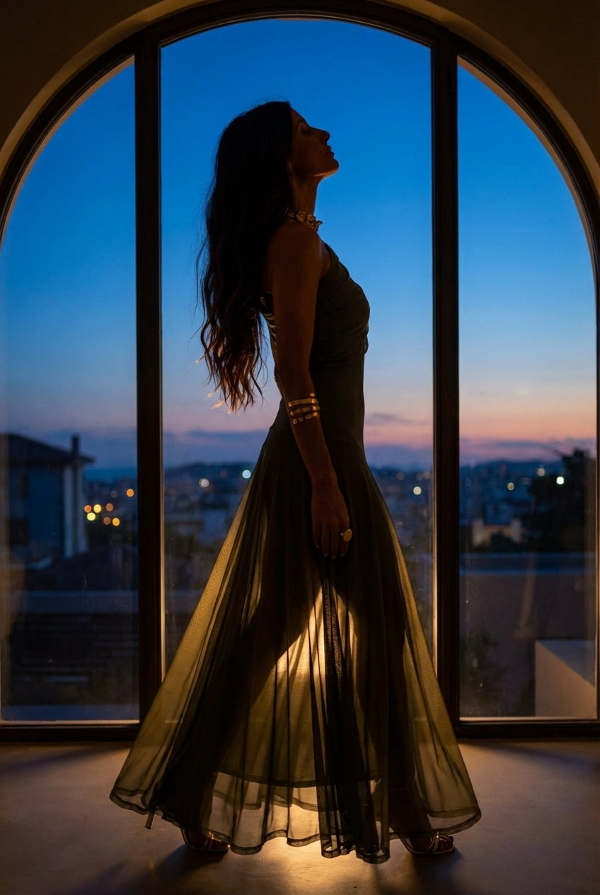 SELENE ONE-SHOULDER MESH MAXI DRESS