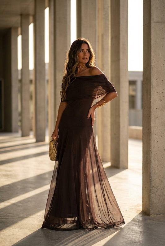SELENE ONE-SHOULDER MESH MAXI DRESS