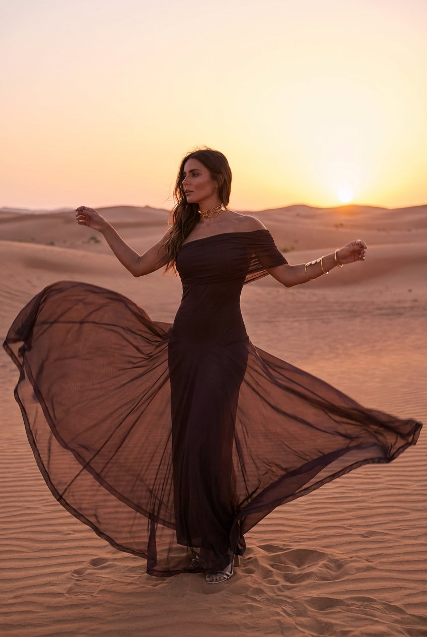 SELENE ONE-SHOULDER MESH MAXI DRESS
