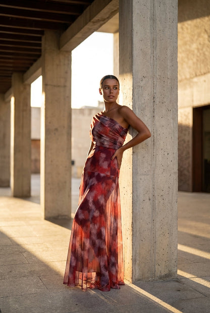 SELENE ONE-SHOULDER MESH MAXI DRESS