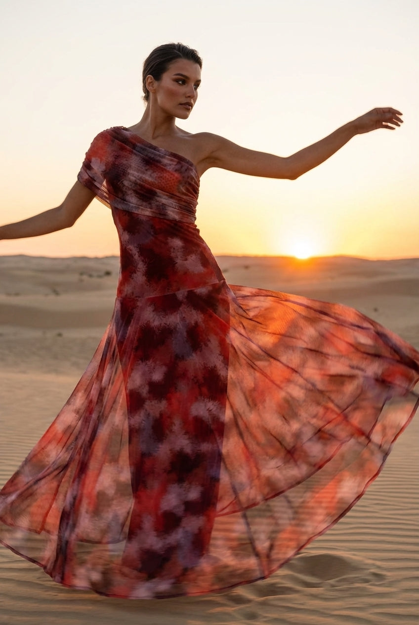 SELENE ONE-SHOULDER MESH MAXI DRESS
