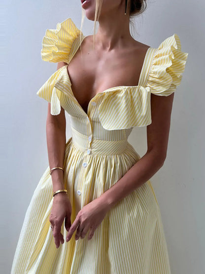 Ruffled Striped Square Neck Dress